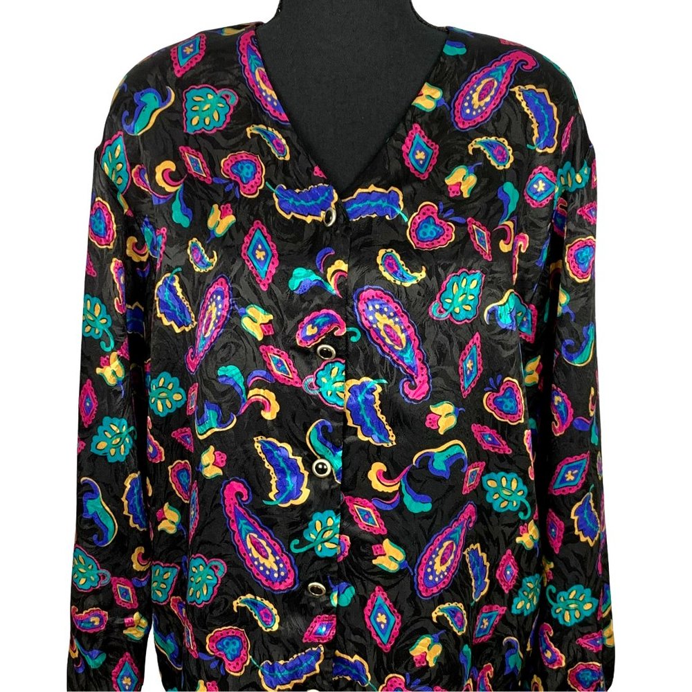 VINTAGE 90s Paisley Long Sleeve Satin Blouse - Picture 2 of 10